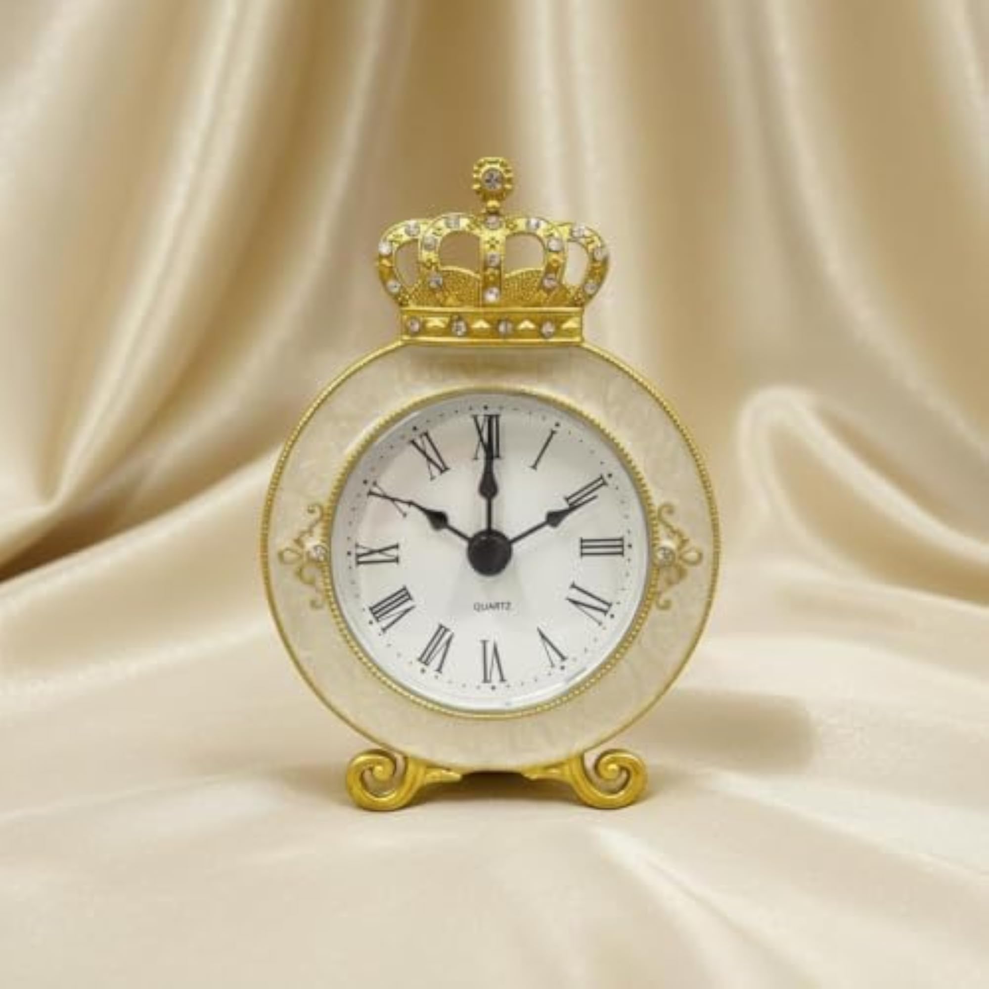 Crown Mantel Clock with Rhinestones, Beige